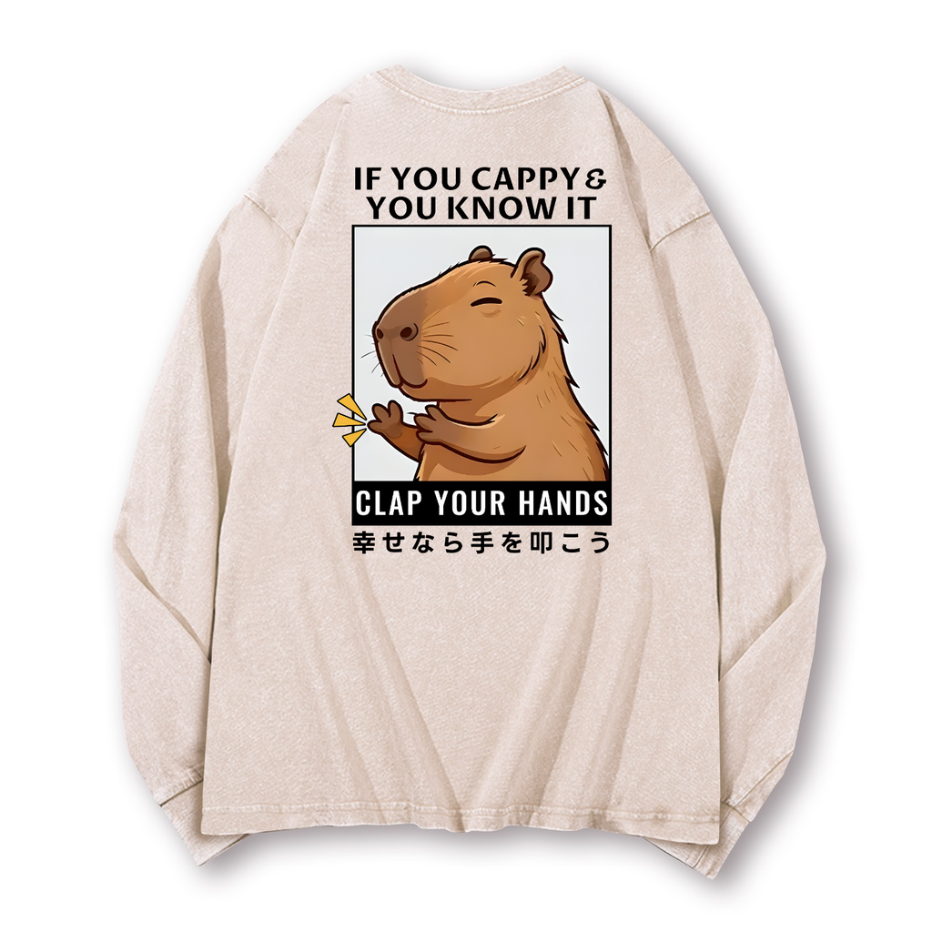 Capybara Vintage Washed Cotton Back Art Long-sleeve T-shirt
