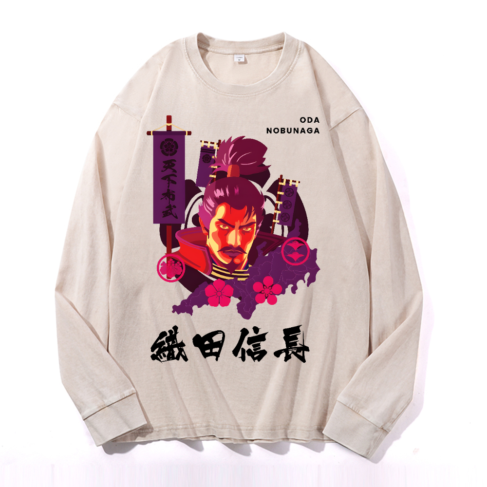 Oda Nobunaga Vintage Cotton Wash Crewneck Long-Sleeve T-Shirt