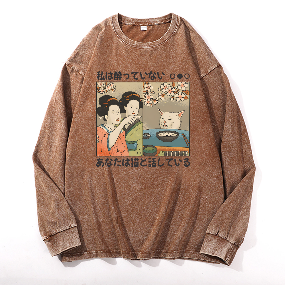 Woman Yelling at a Cat Vintage Cotton Wash Crewneck Long-Sleeve T-Shirt