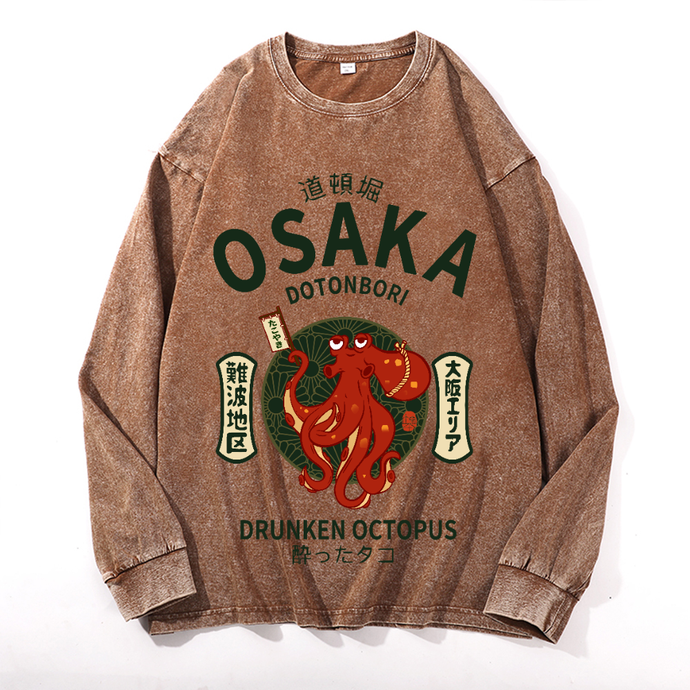Osaka Dotonbori Drunken Octopus Vintage Cotton Wash Crewneck Long-Sleeve T-Shirt