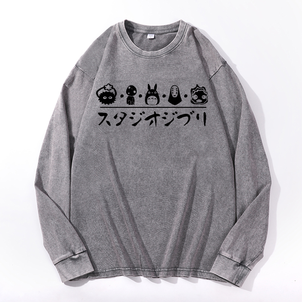 Ghibli Totoro No Face Kaonashi Vintage Cotton Wash Long-sleeve T-shirt