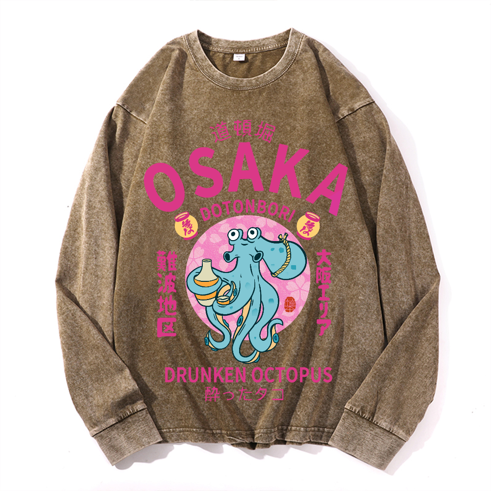 Osaka Dotonbori Drunken Octopus Vintage Cotton Wash Crewneck Long-Sleeve T-Shirt
