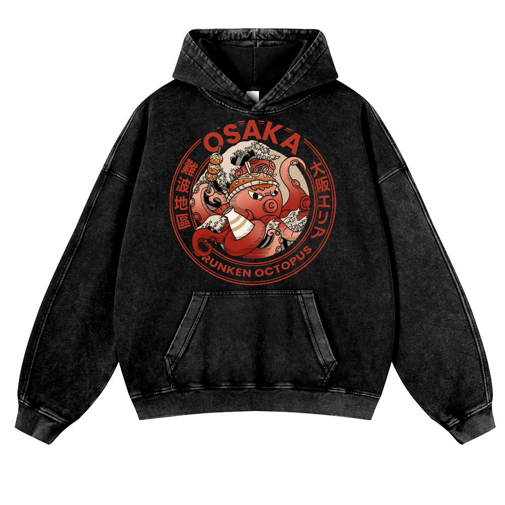 Osaka Dotonbori Drunken Octopus Vintage Washed Thick Cotton Hoodie