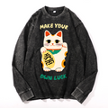 Lucky Cat Vintage Cotton Wash Crewneck Long-Sleeve T-Shirt