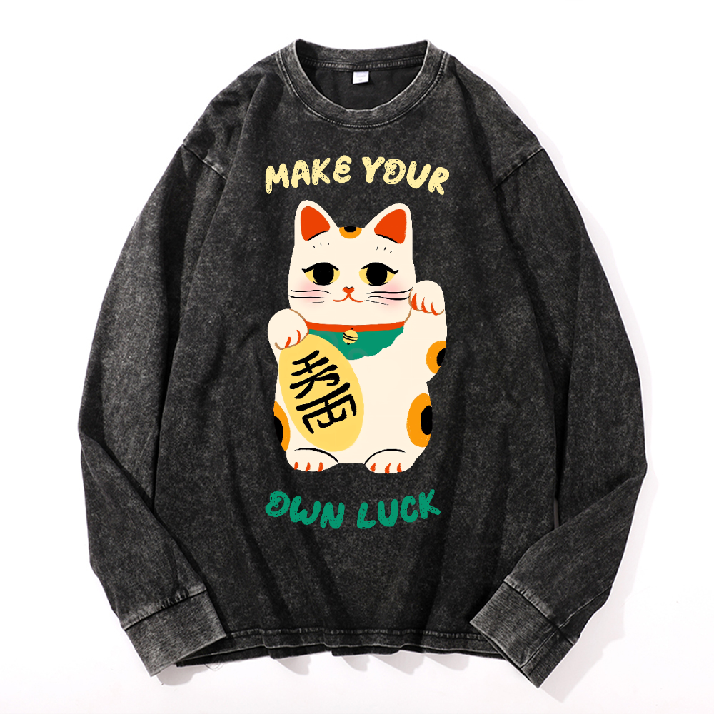 Lucky Cat Vintage Cotton Wash Crewneck Long-Sleeve T-Shirt