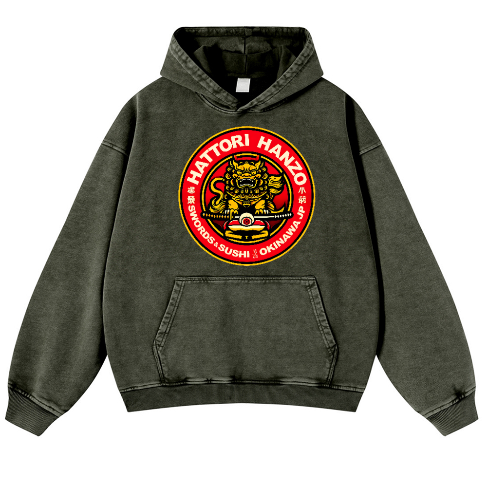 Hattori Hanzo Komainu Okinawa Japan Vintage Washed Thick Cotton Hoodie