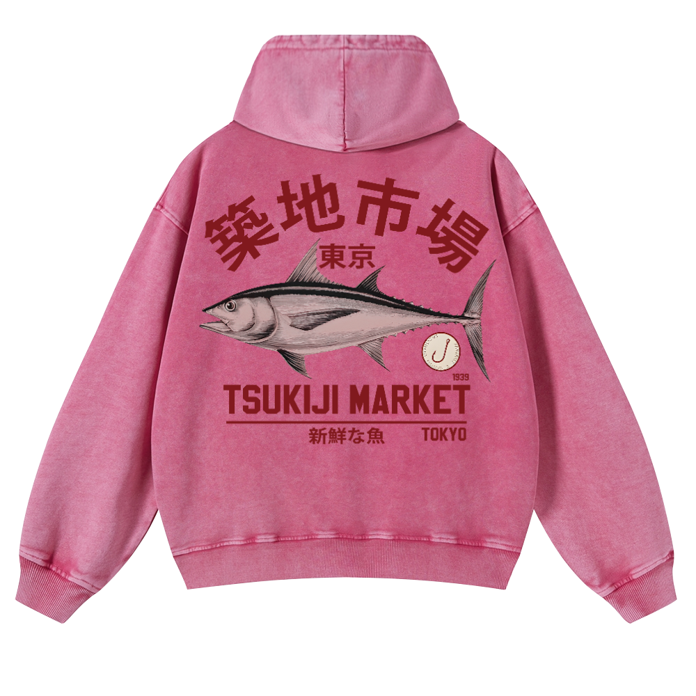Tsukiji Fish Market Vintage Washed Cotton Back Art Hoodie