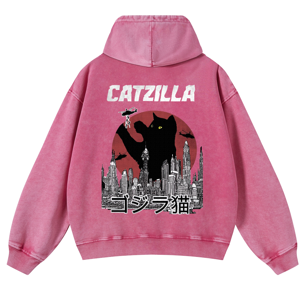 Catzilla Cat Kaiju Vintage Washed Cotton Back Art Hoodie