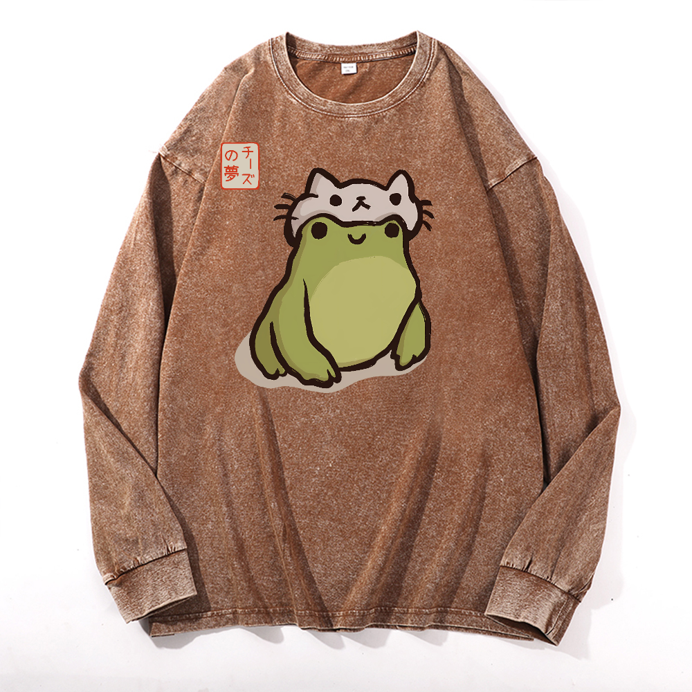 Frog Vintage Cotton Wash Crewneck Long-Sleeve T-Shirt