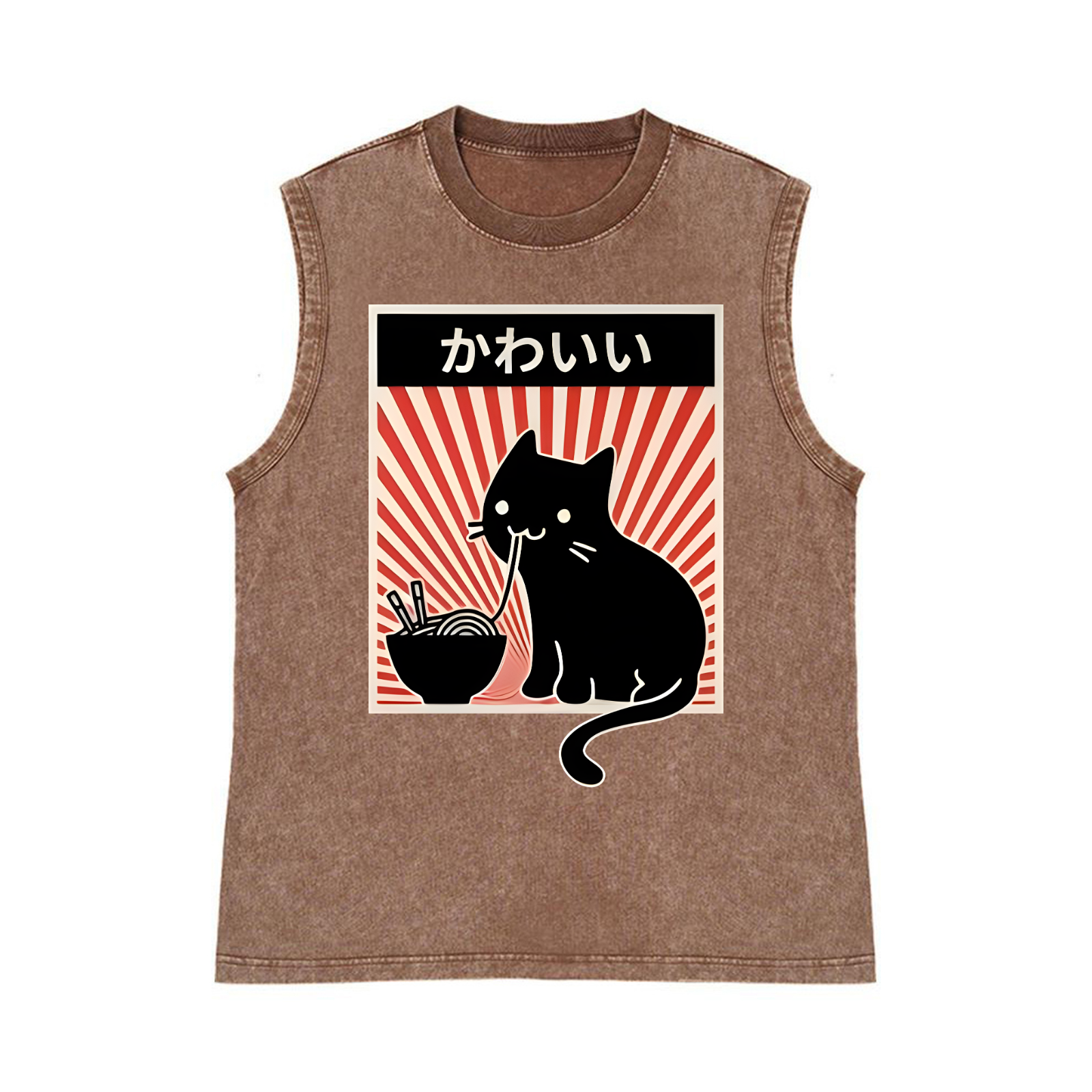 Ramen And Cat Pure Cotton Wash-Dyed Sleeveless Tank Top