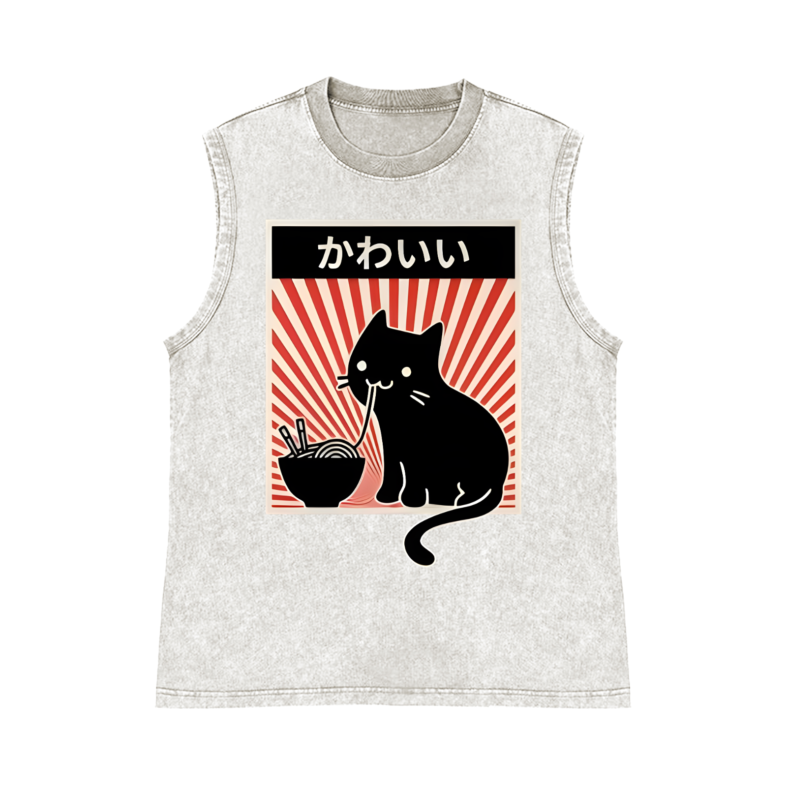 Ramen And Cat Pure Cotton Wash-Dyed Sleeveless Tank Top