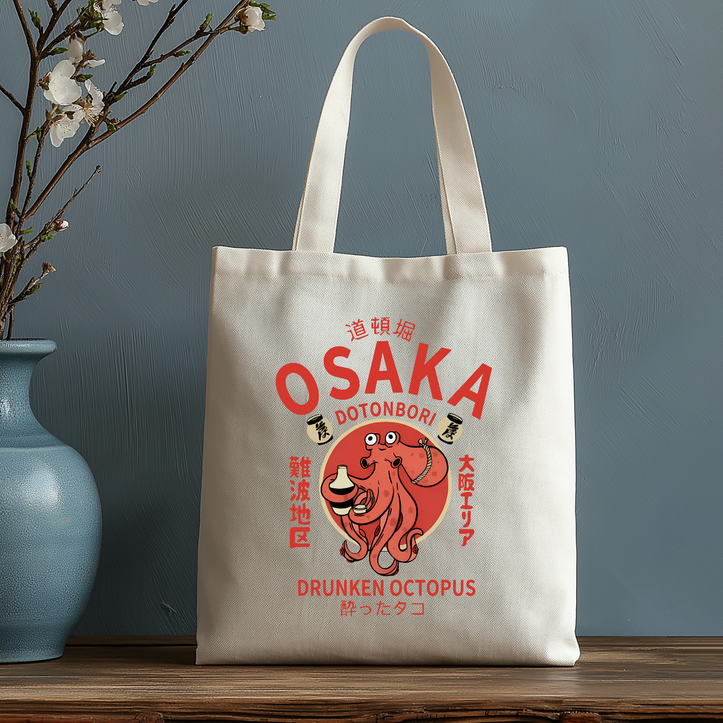 Osaka Dotonbori Drunken Octopus Japanese Style Canvas Tote Bag