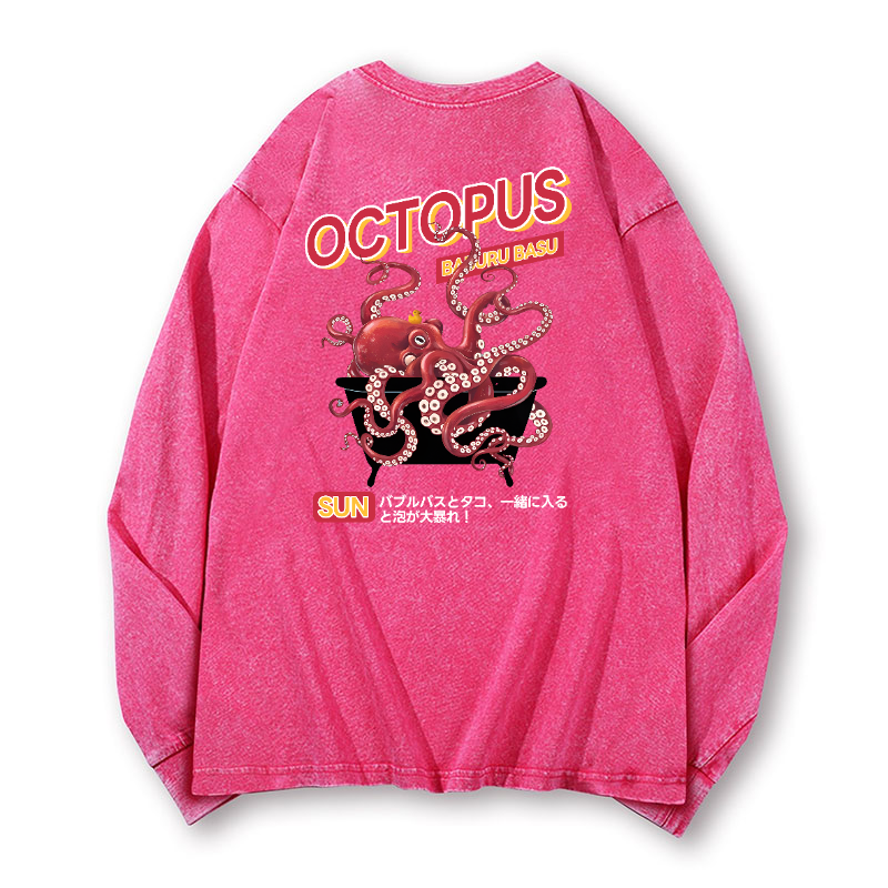 Bubble Bath Octopus Vintage Washed Cotton Back Art Long-sleeve T-shirt