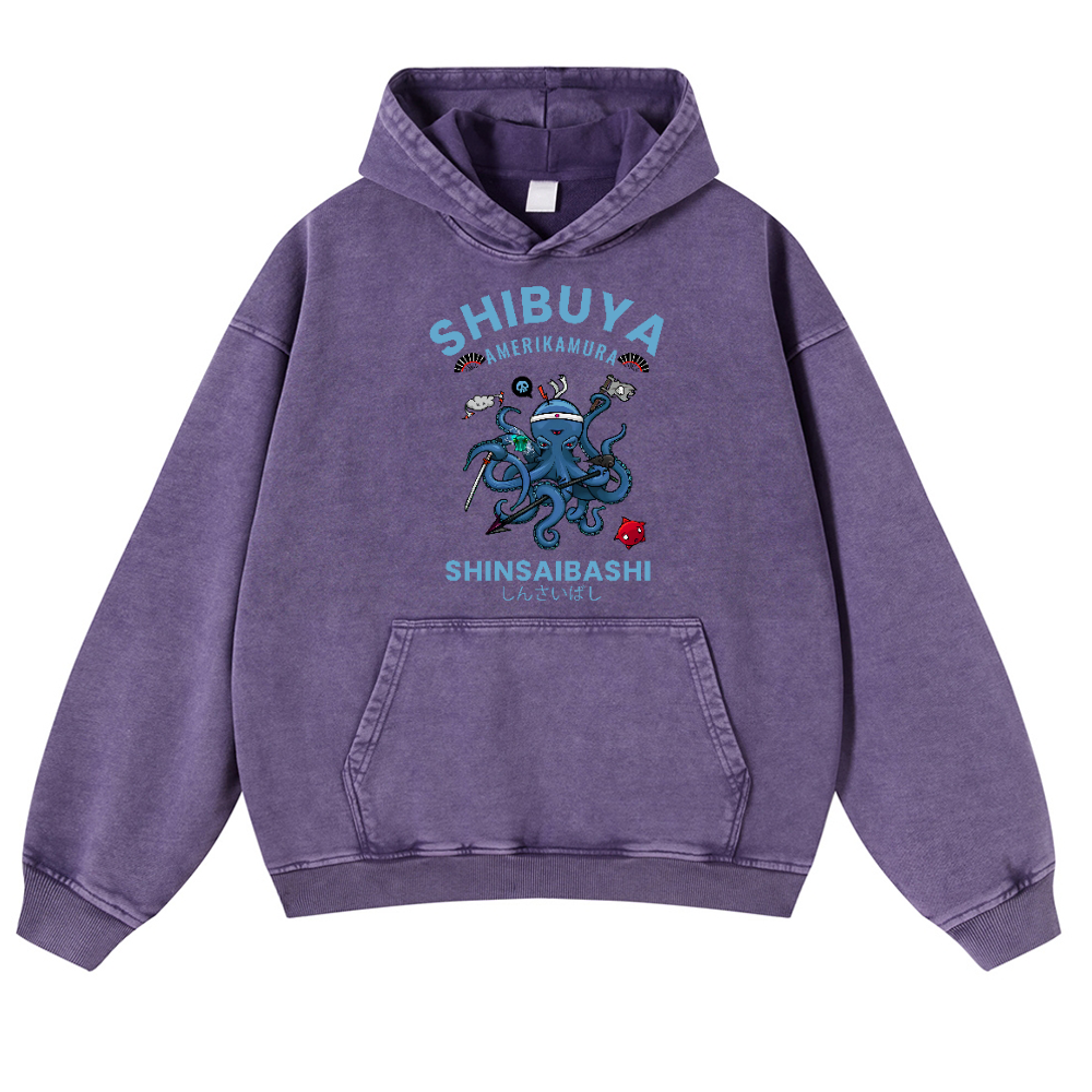 Shibuya Octopus Vintage Washed Thick Cotton Hoodie