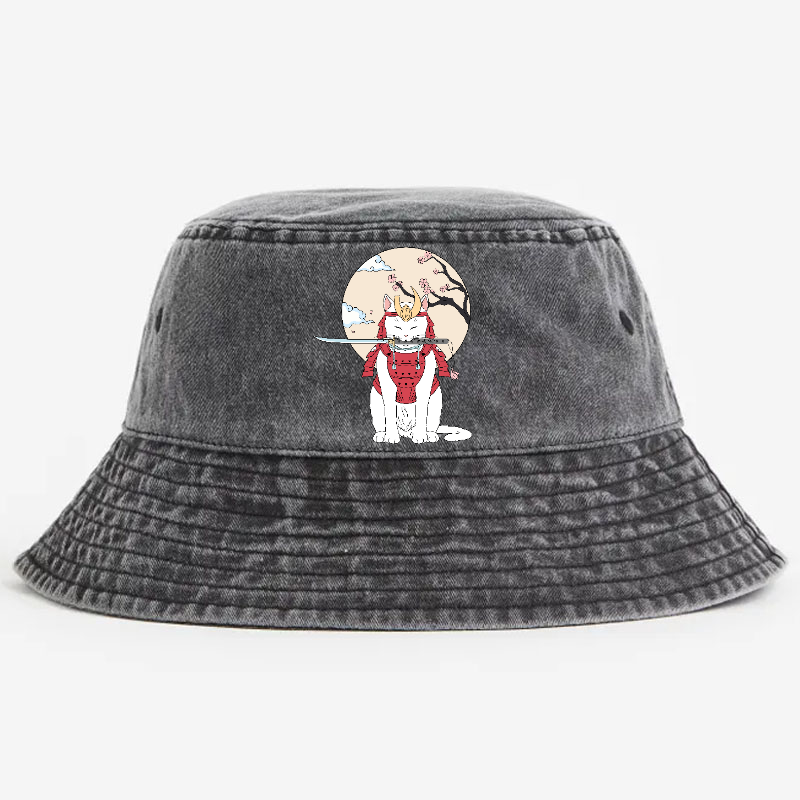Samurai Cat Vintage 100% Cotton Bucket Hat