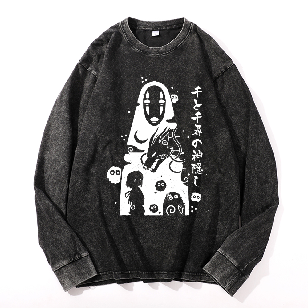 Ghibli No Face Kaonashi Vintage Cotton Wash Long-sleeve T-shirt