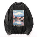 Lake Kawaguchiko Vintage Cotton Wash Crewneck Long-Sleeve T-Shirt