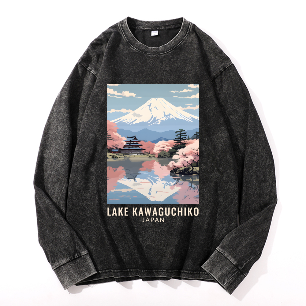 Lake Kawaguchiko Vintage Cotton Wash Crewneck Long-Sleeve T-Shirt