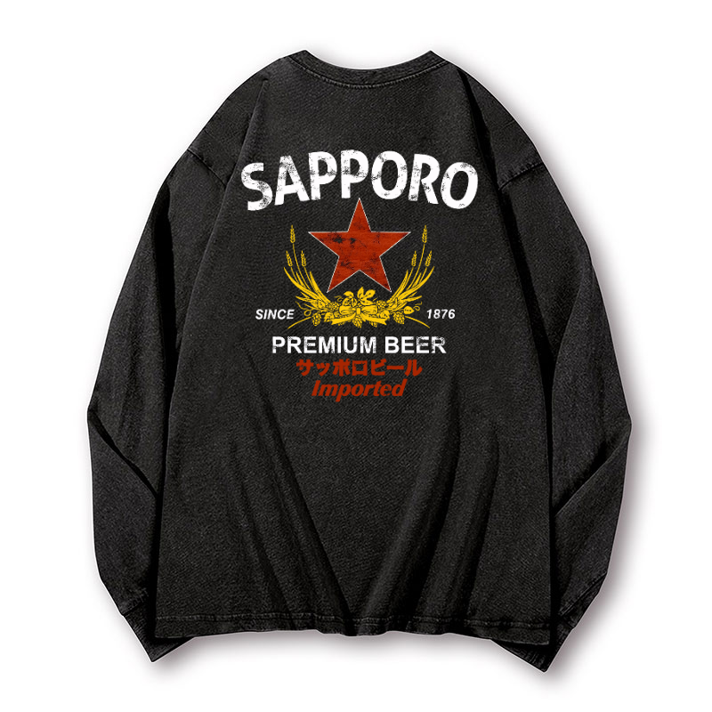 Sapporo Beer Vintage Washed Cotton Back Art Long-sleeve T-shirt