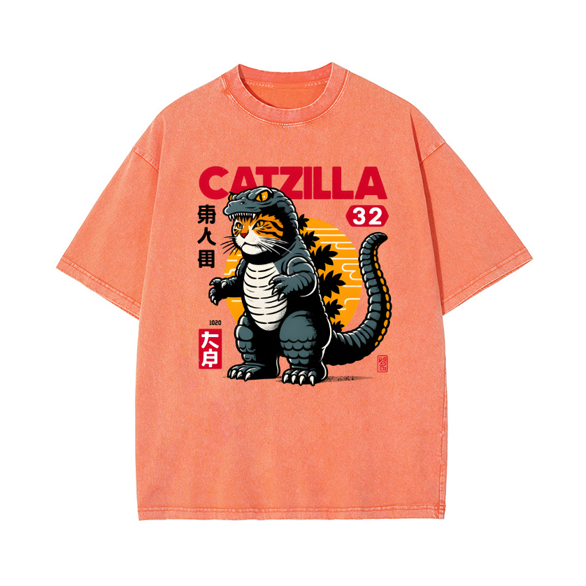 Cat Kaiju Vintage Wash Japanese Design T-Shirt