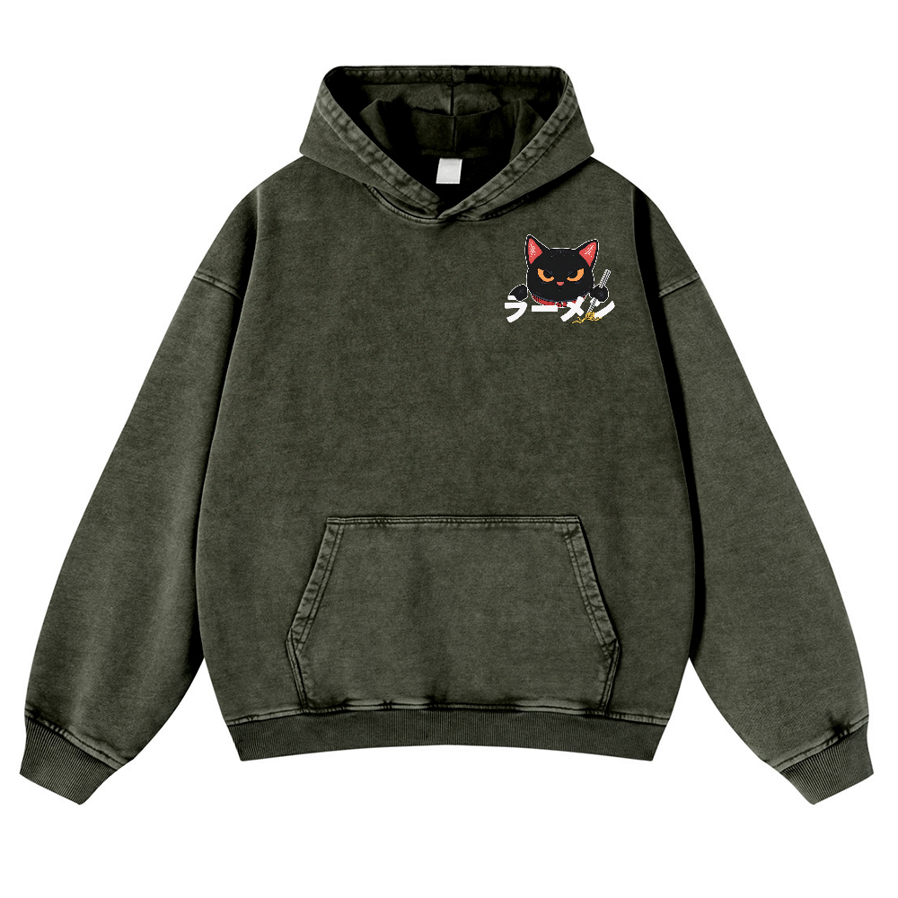 Ramen Black Cat Vintage Washed Cotton Back Art Hoodie