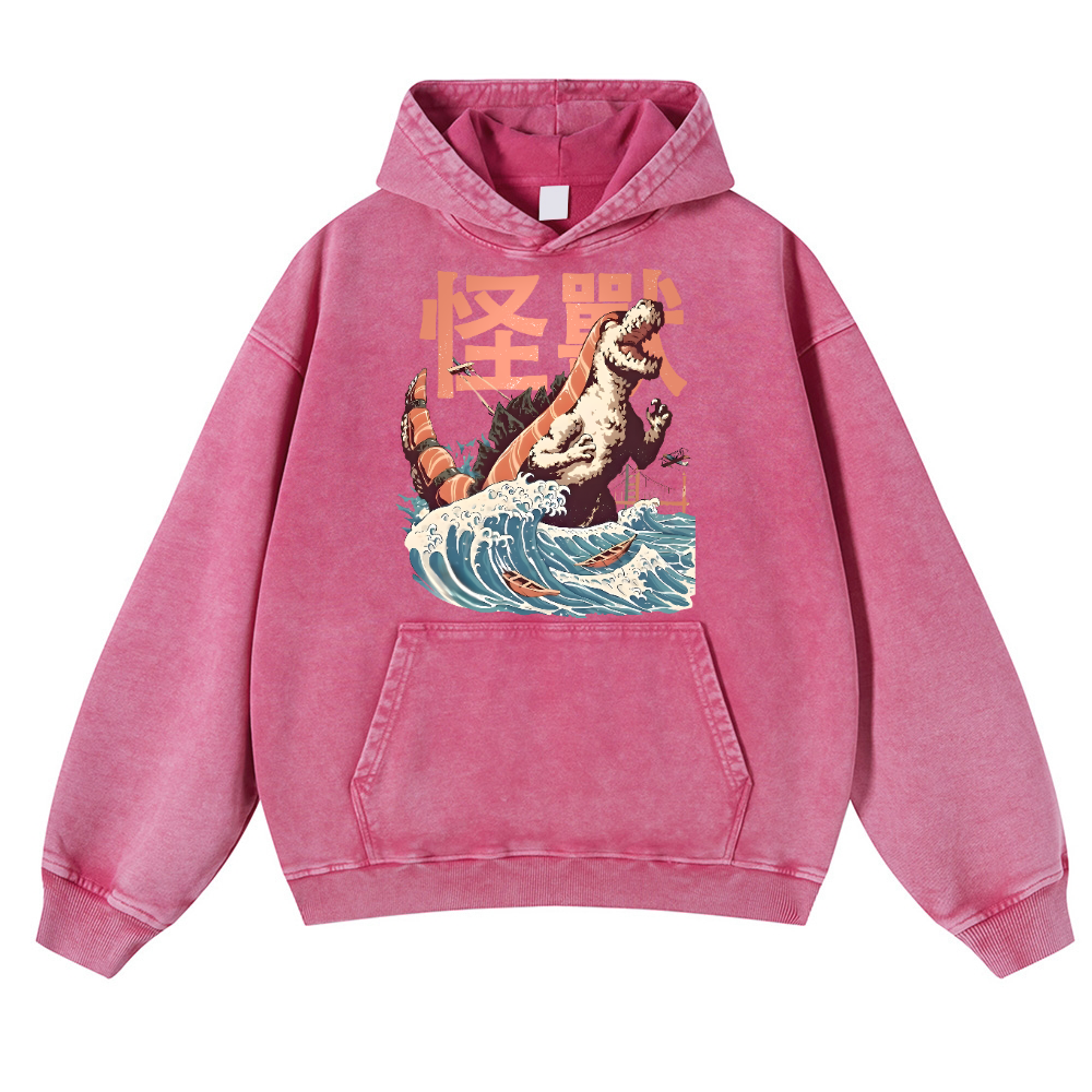 Kaiju Sushi Monster Wave Vintage Washed Thick Cotton Hoodie
