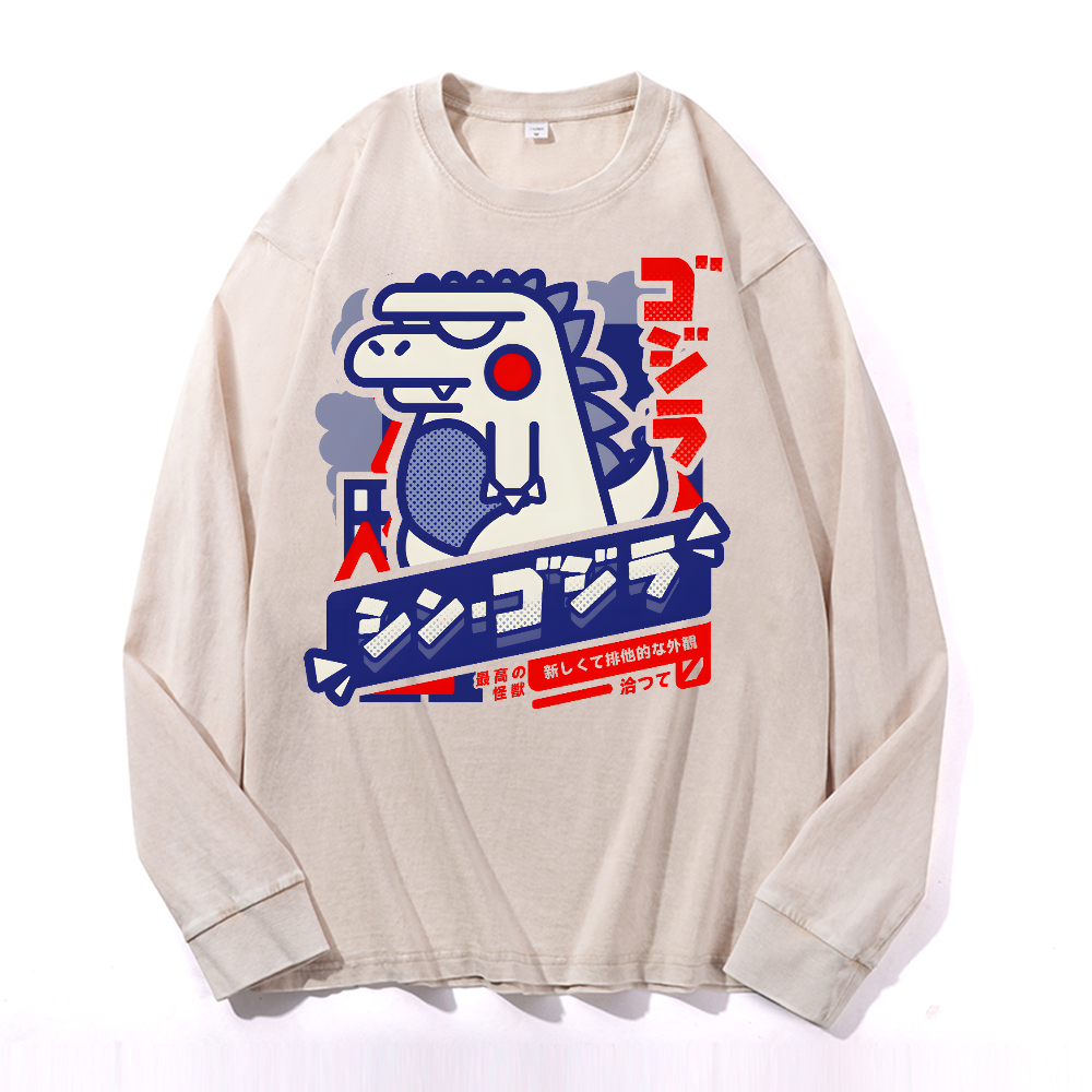 Kaiju Vintage Cotton Wash Crewneck Long-Sleeve T-Shirt