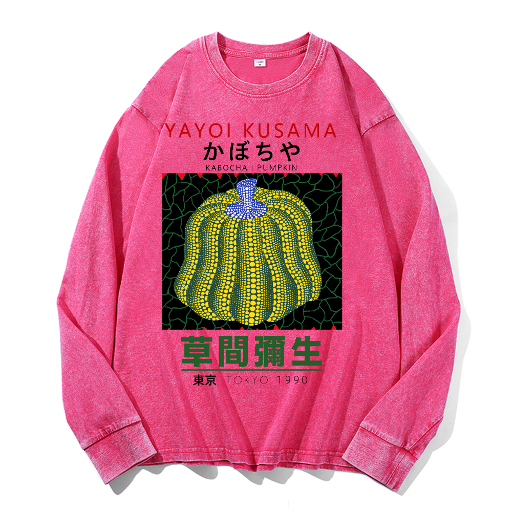 Yayoi Kusama Pumpkin Vintage Cotton Wash Crewneck Long-Sleeve T-Shirt