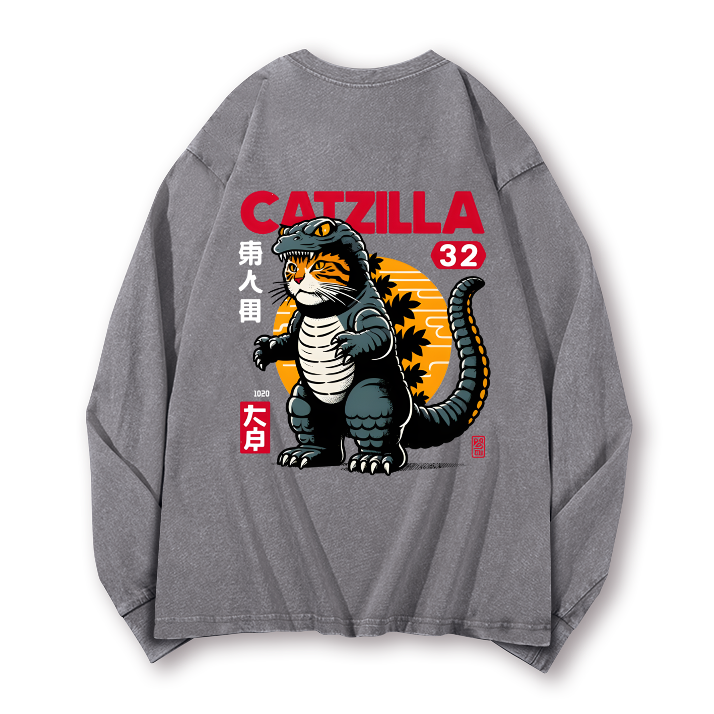 Cat Kaiju Catzilla Vintage Washed Cotton Back Art Long-sleeve T-shirt