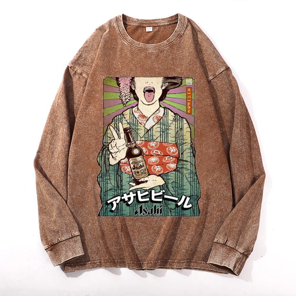 Asahi Breweries Vintage Cotton Wash Crewneck Long-Sleeve T-Shirt