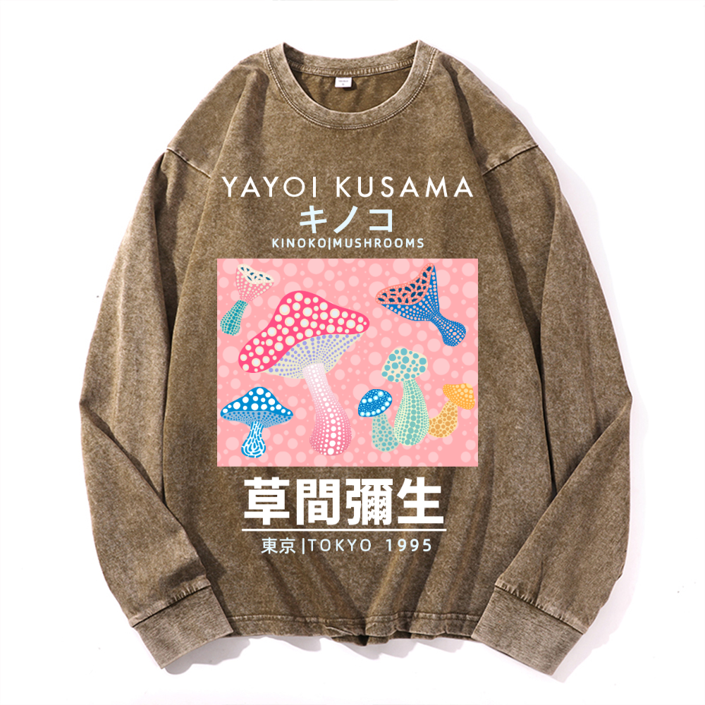 Yayoi Kusama Mushroom Vintage Cotton Wash Crewneck Long-Sleeve T-Shirt