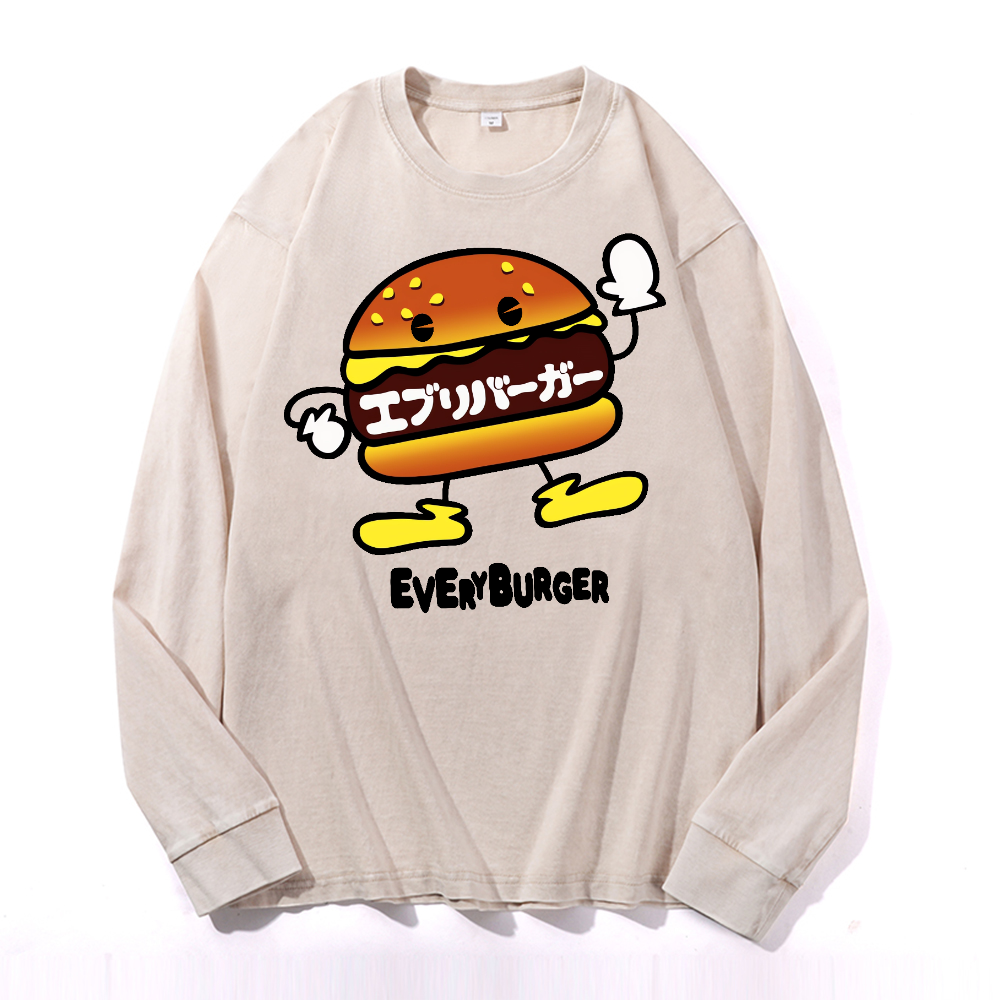 Burger Vintage Cotton Wash Crewneck Long-Sleeve T-Shirt