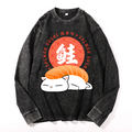 Salmon Sushi Cat Vintage Cotton Wash Crewneck Long-Sleeve T-Shirt