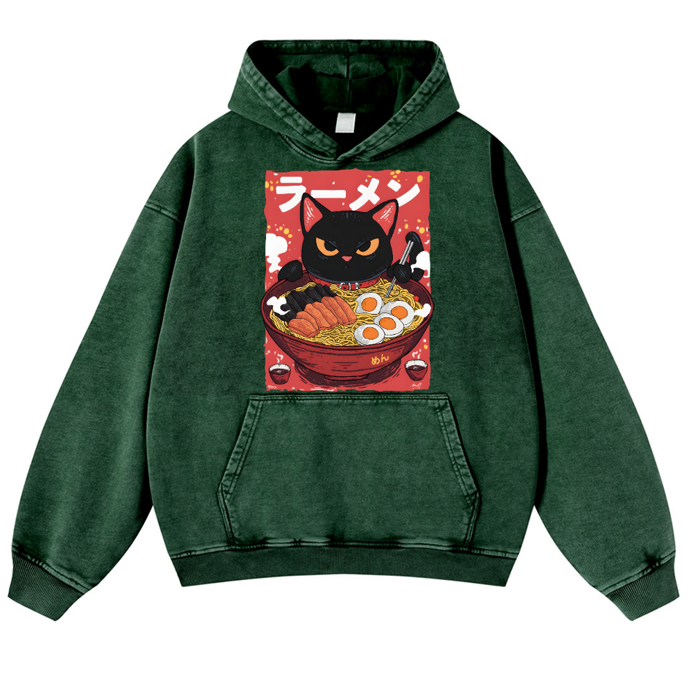 Cat Ramen Vintage Washed Thick Cotton Hoodie