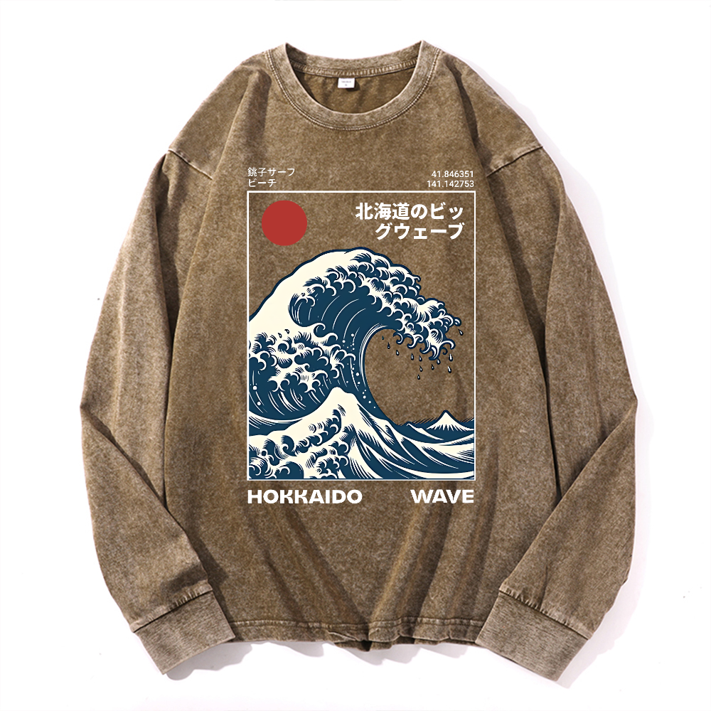 Hokkaido Wave Ukiyoe Vintage Cotton Wash Crewneck Long-Sleeve T-Shirt