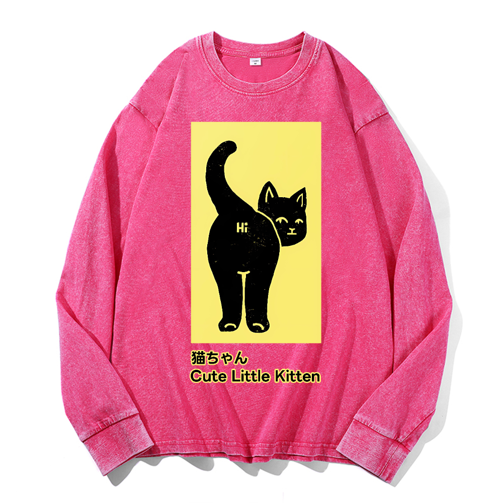Cute Little Kitten Black Cat Vintage Cotton Wash Crewneck Long-Sleeve T-Shirt