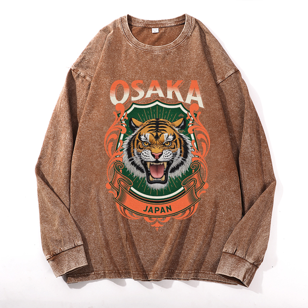Osaka Tiger Vintage Cotton Wash Crewneck Long-Sleeve T-Shirt