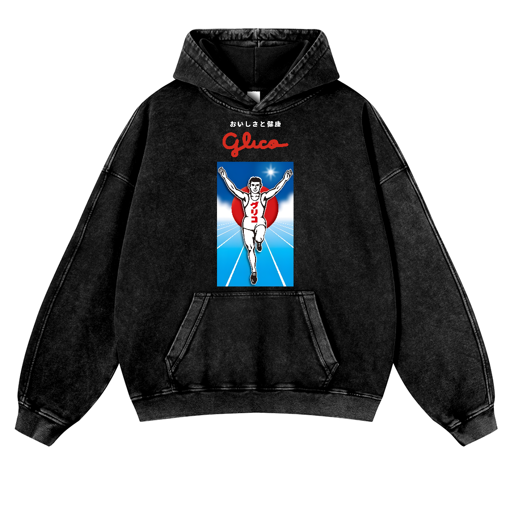 Osaka Dotonbori Glico Running Man Vintage Washed Thick Cotton Hoodie