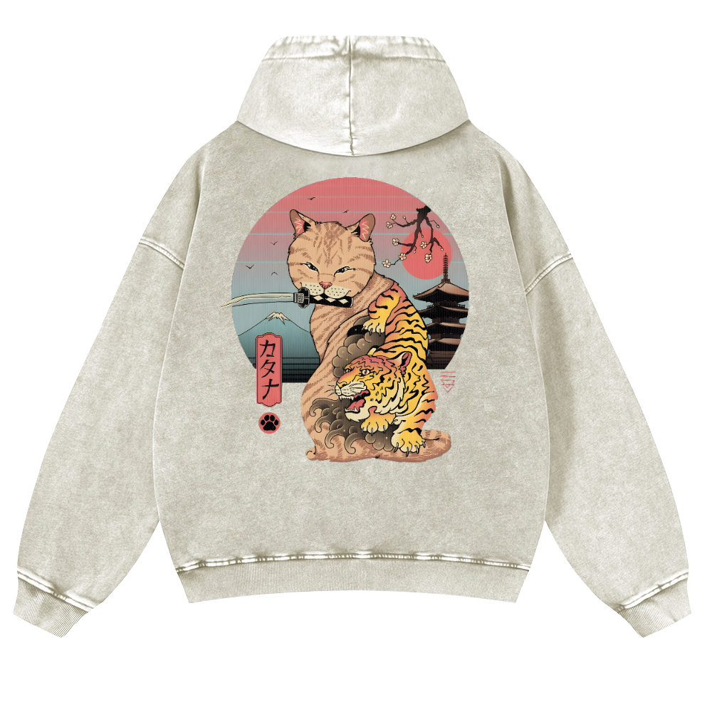 Japanese Cat Tiger Vintage Washed Cotton Back Art Hoodie