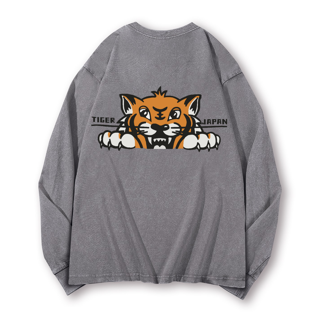 Japan Tiger Vintage Washed Cotton Back Art Long-sleeve T-shirt
