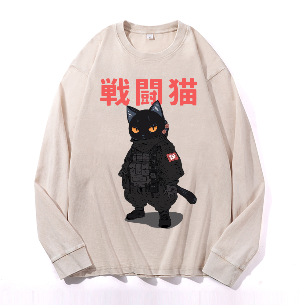 Battle Black Cat Vintage Cotton Wash Crewneck Long-Sleeve T-Shirt