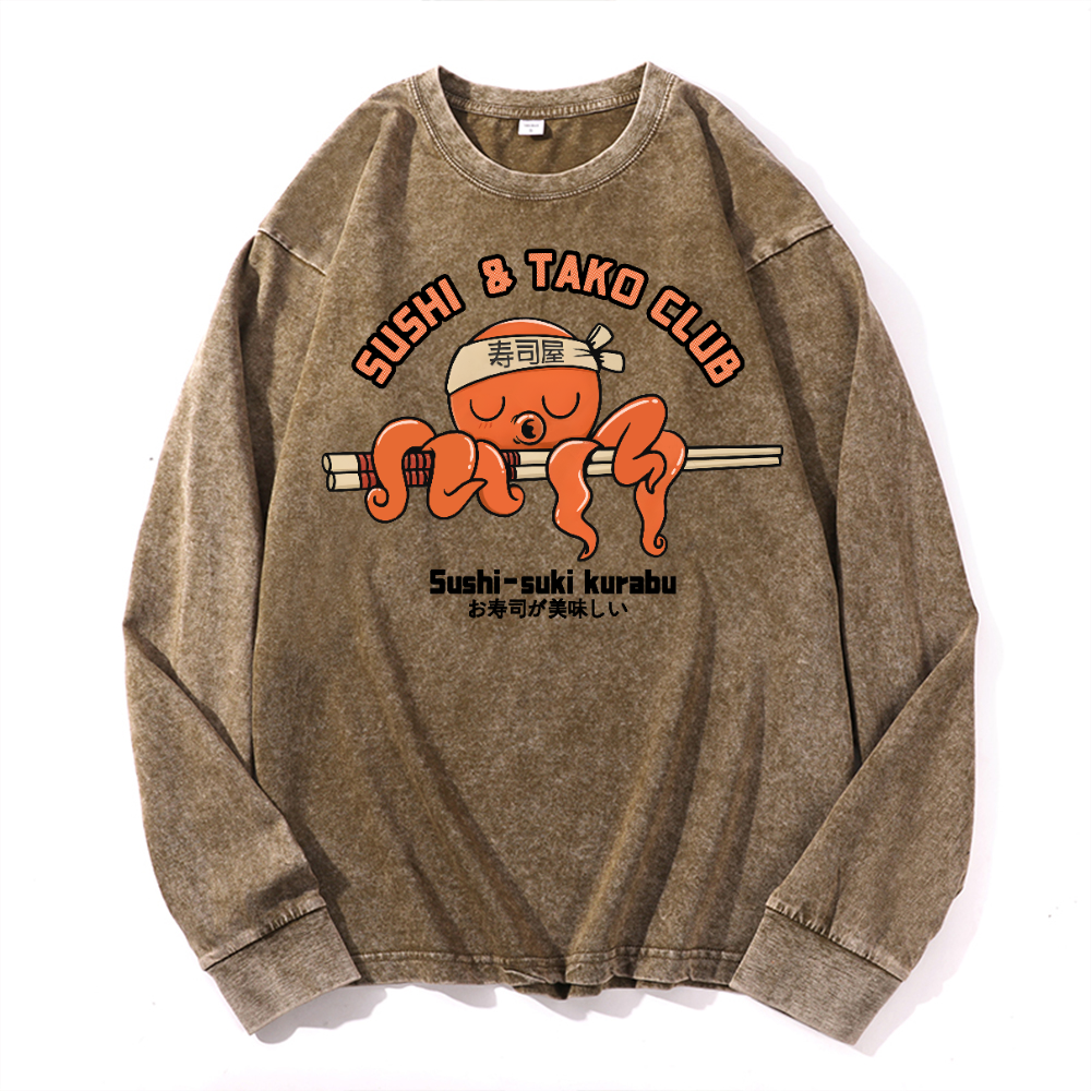 Sushi and Tako Octopus Vintage Cotton Wash Crewneck Long-Sleeve T-Shirt