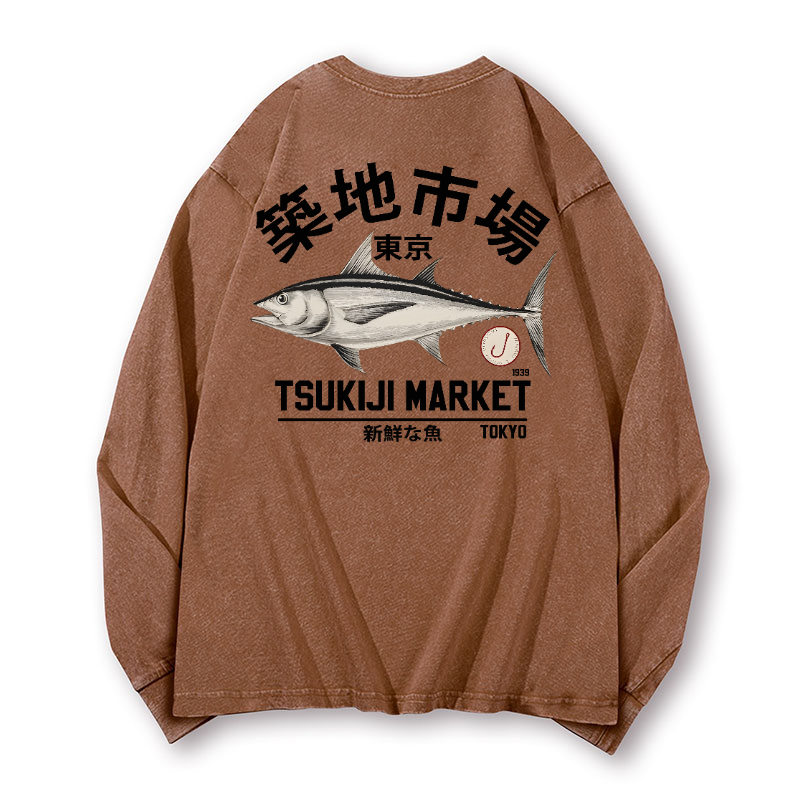 Tsukiji Fish Market Vintage Washed Cotton Back Art Long-sleeve T-shirt