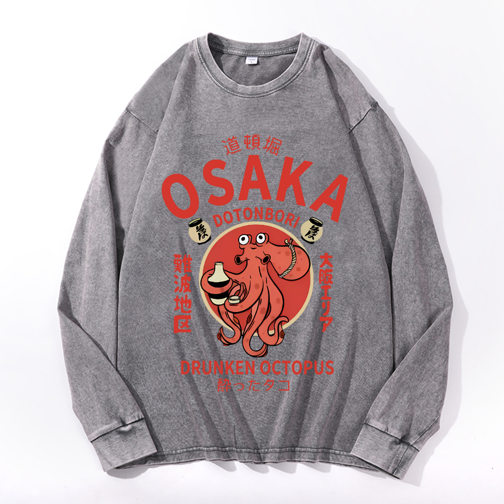 Osaka Dotonbori Drunken Octopus Vintage Cotton Wash Crewneck Long-Sleeve T-Shirt