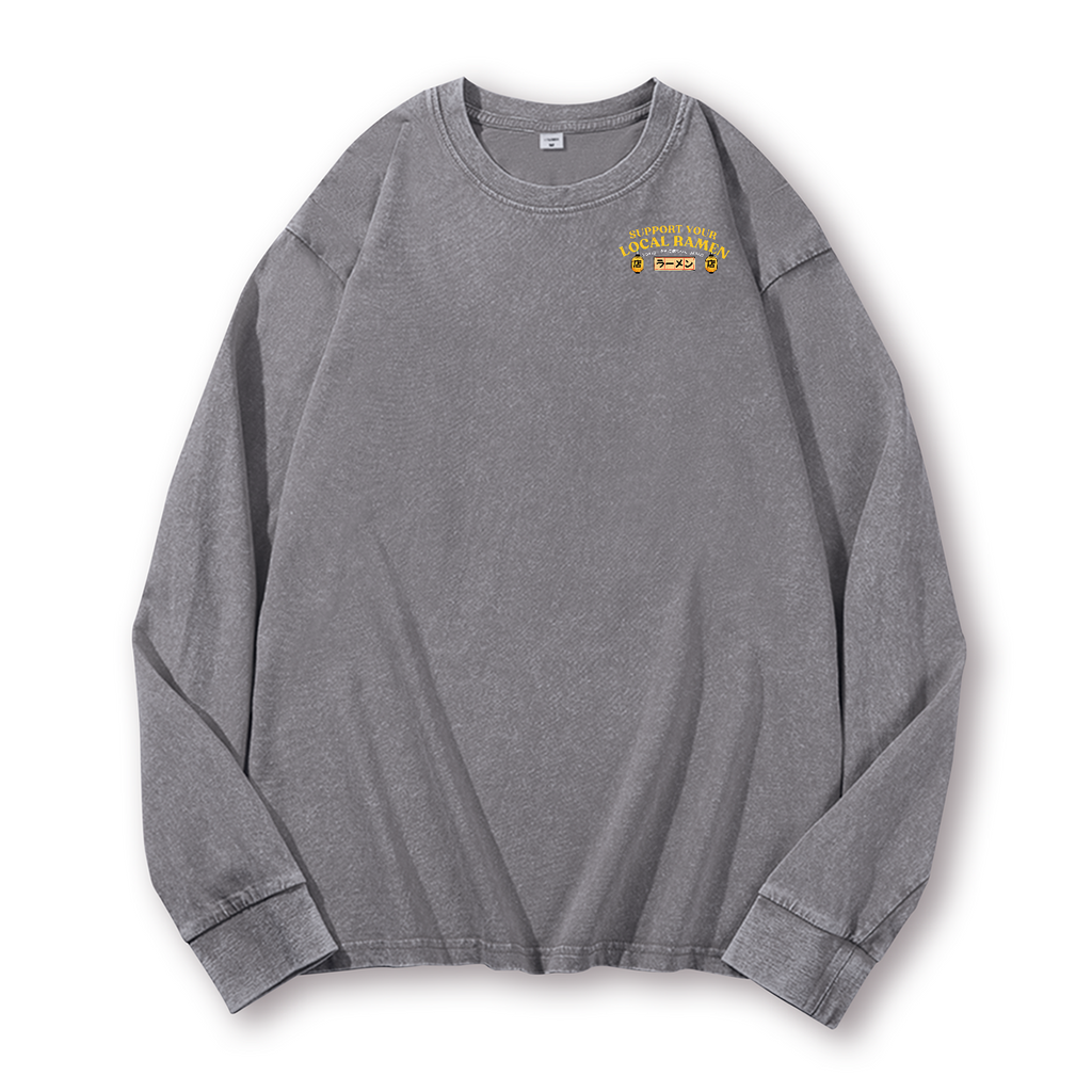 Ramen Lucky Cat Vintage Washed Cotton Back Art Long-sleeve T-shirt