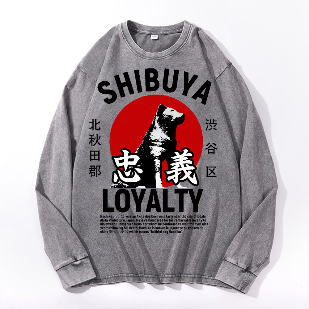 Shibuya Hachiko Vintage Cotton Wash Crewneck Long-Sleeve T-Shirt