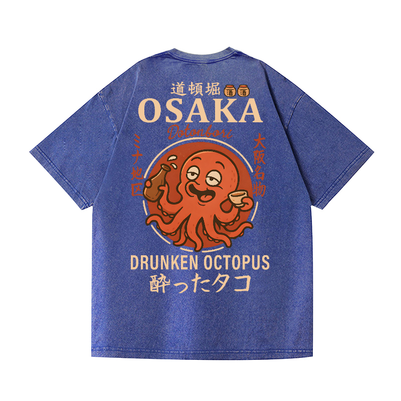 Osaka Dotonbori Drunken Octopus Vintage Wash Japanese Design Back Art T-Shirt