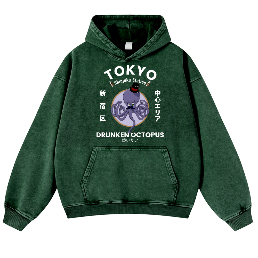 Tokyo Drunken Octopus Vintage Washed Thick Cotton Hoodie