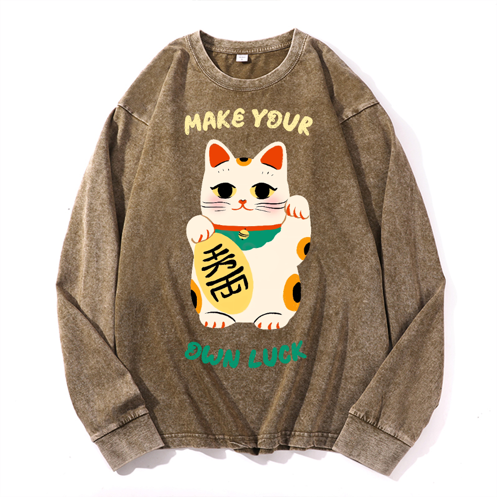 Lucky Cat Vintage Cotton Wash Crewneck Long-Sleeve T-Shirt
