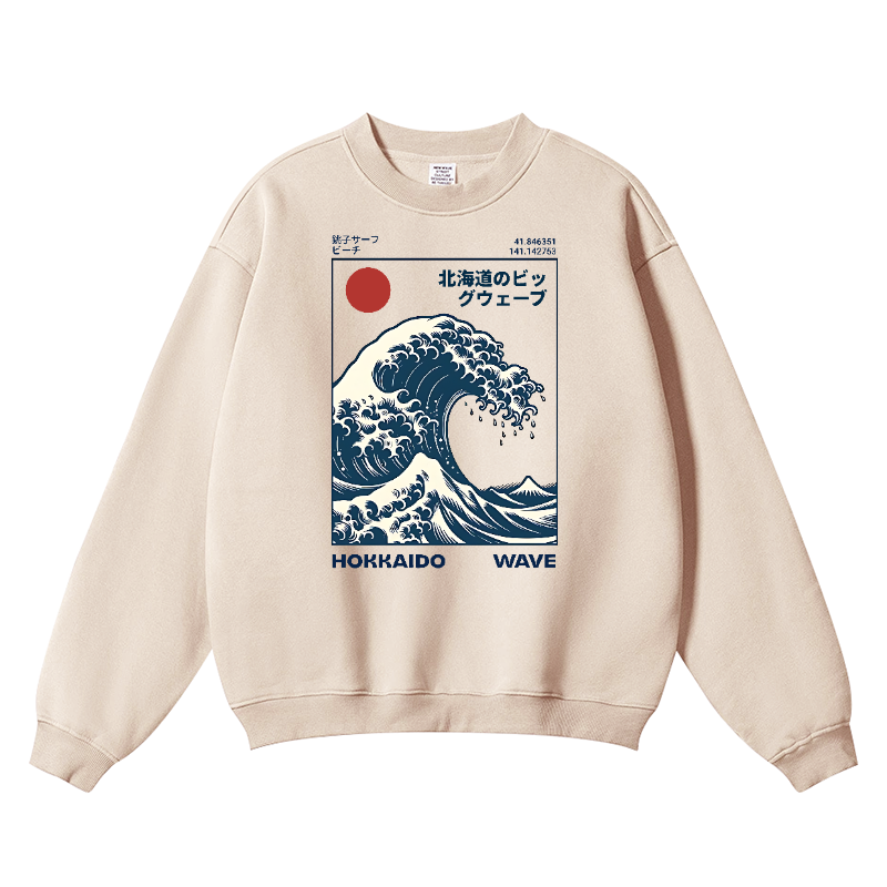 Hokkaido Wave Ukiyoe Vintage Cotton Blend Crewneck Sweatshirt